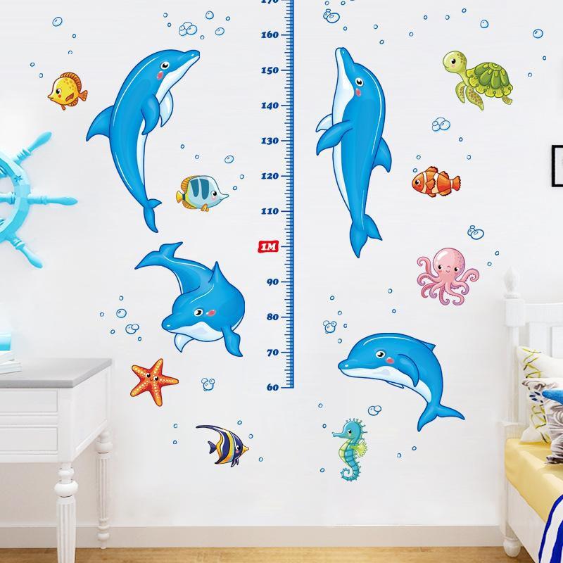 Decal dán tường đo chiều cao cá heo xanh 01