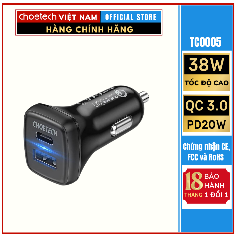 Bộ Tẩu Sạc Xe Hơi 2 Cổng 38W(Dual QC 3.0 + PD20W) CHOETECH TC0005- HÀNG CHÍNH HÃNG