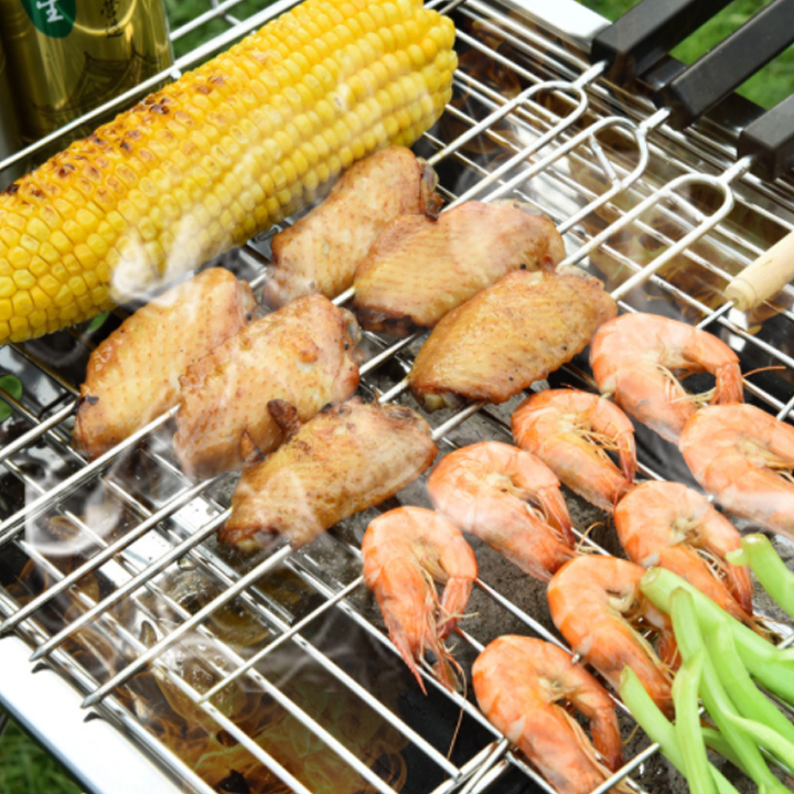 Bếp nướng BBQ ngoài trời dã ngoại nướng than hoa inox có thể gấp gọn chân cao xếp kèm phụ kiện - Hàng chính hãng