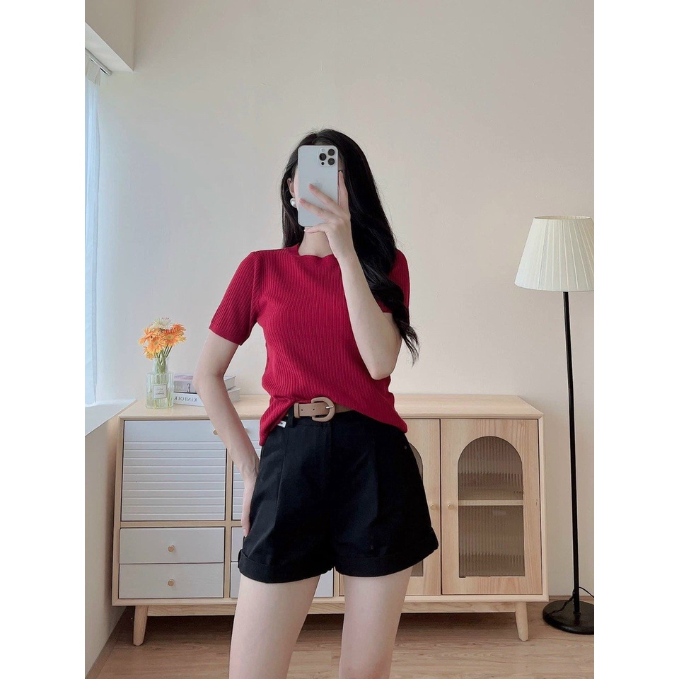 Áo Len Tăm Thời Trang Nữ Cổ Tròn Ngắn Tay Hàng Quảng Châu Co Giãn Siêu Đẹp