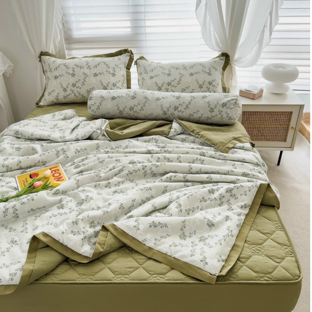 Bộ chăn ga gối cotton đũi chần bông 5 món nhập khẩu