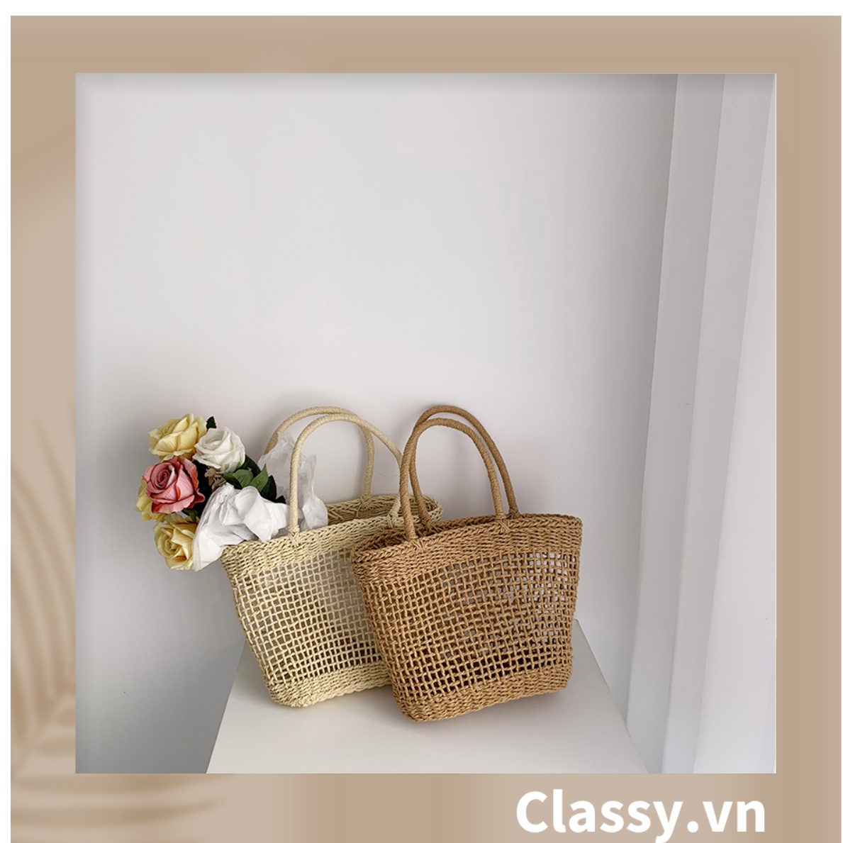 Túi cói Classy hình thang thời trang, thích hợp đi biển, đi dạo, đi chơi T1073