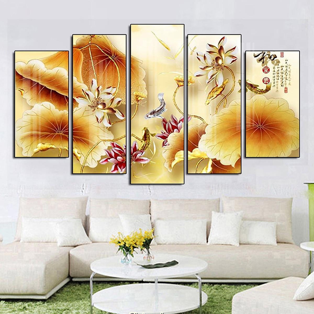 Tranh Pha Lê Tráng Gương Treo Tường Hiện Đại _ Tranh Bộ 5 Điêu Khắc 3D Hoa Sen