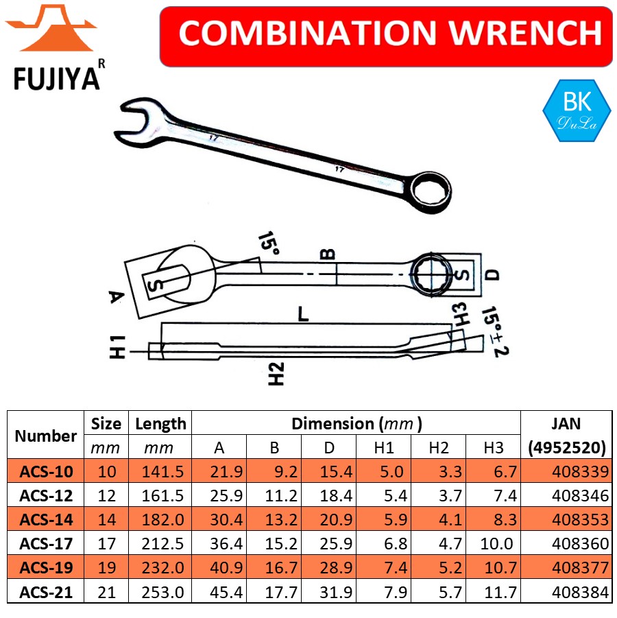 Cờ lê kết hợp 1 đầu hở- 1 đầu vòng 10mm Fujiya Công nghệ Nhật Bản ACS-10 Thép CR-V
