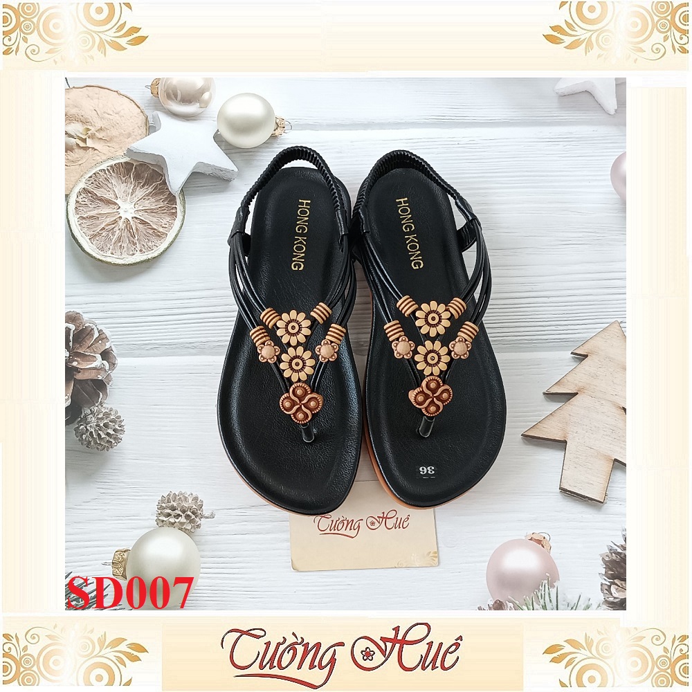 [Ảnh Thật 100%] Sandal Nữ Xỏ Ngón Quai Đính Hoa Đế Bệt - SD007