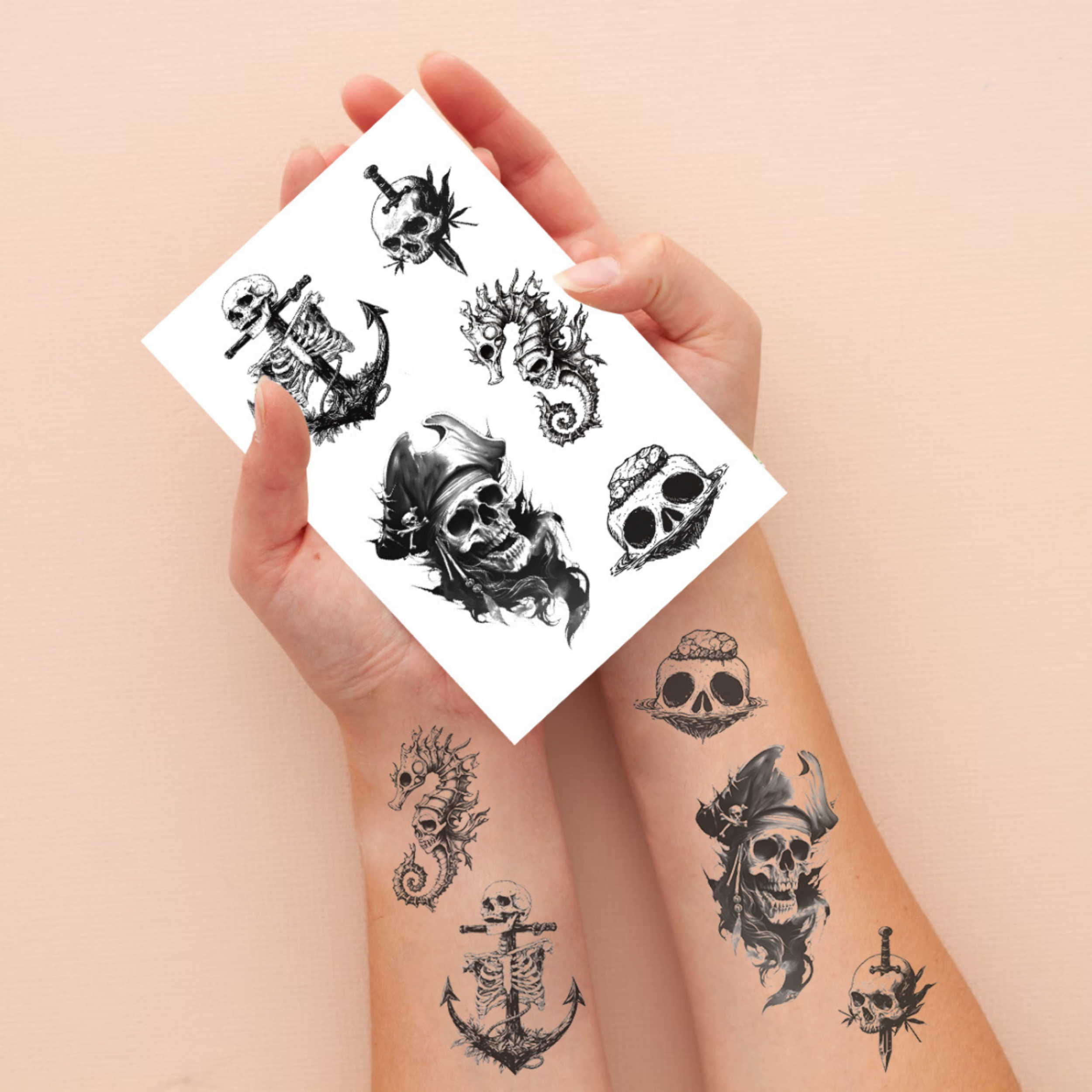 Set 10 Tờ Hình Xăm Dán Tattoo Kinh Dị Hoá Trang Halloween Hình Cướp Biển Cá Mập Đầu Lâu Kiếm Hải Tặc