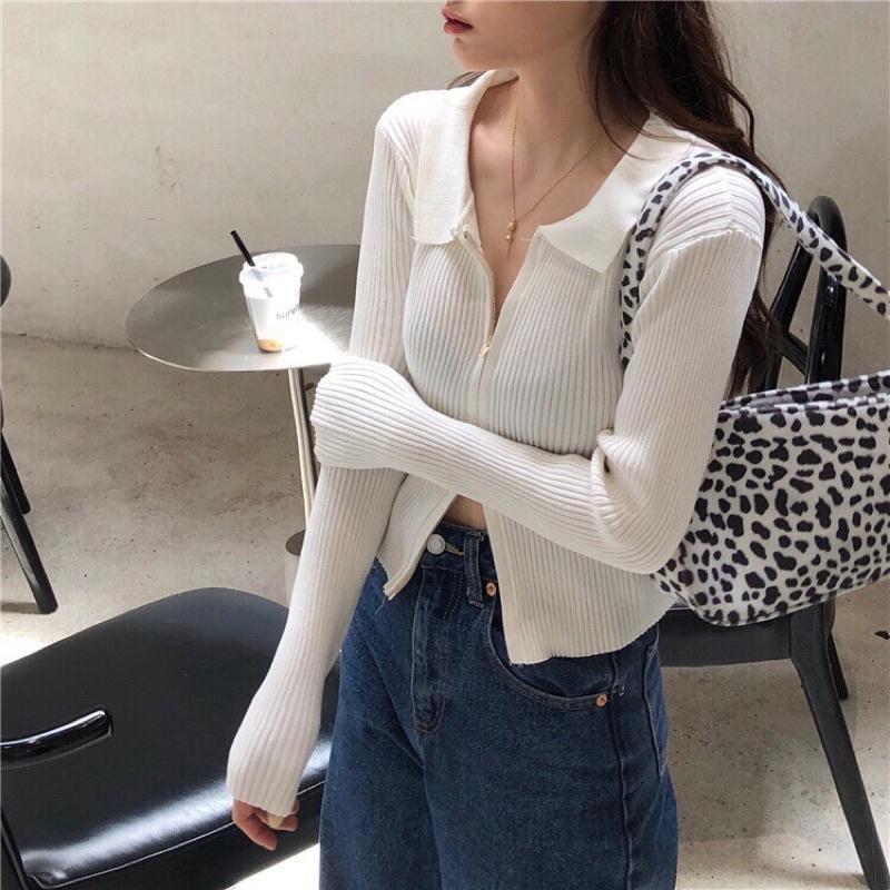 (Cận chất) Áo len tăm mềm dài tay cổ khóa kéo dáng ôm cho bạn gái