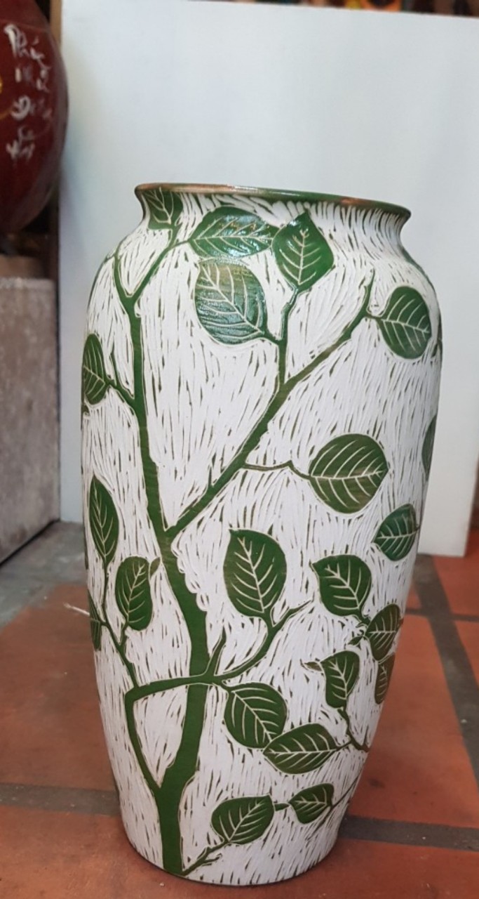 Bình hoa dạng ống tròn, họa tiết cây lá xanh men nhám thô, cao 28cm, trang trí nhà cửa, quà tặng tân gia, sinh nhật, gốm Bát Tràng. Giao từ HCM