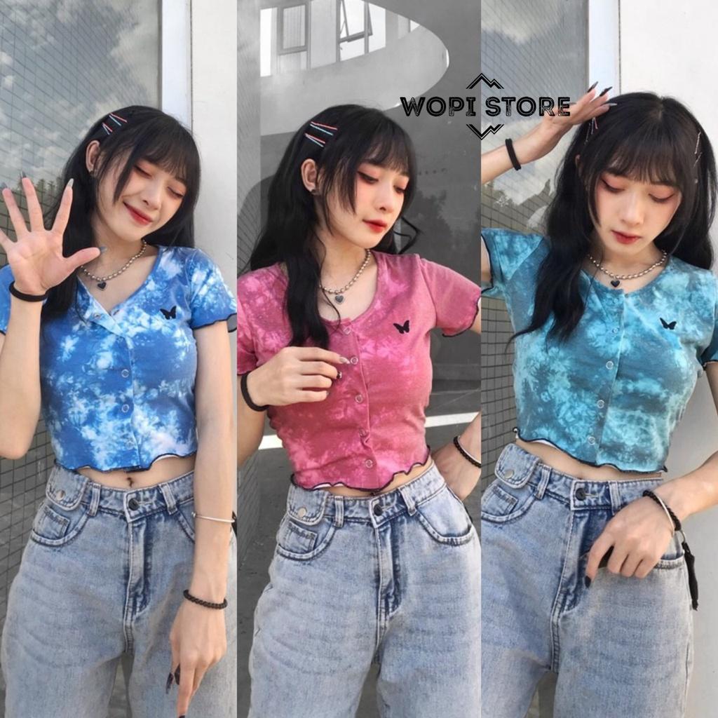 Áo Croptop Nữ Tay Ngắn Tiedye Butterfly In Loang Màu Ulzzang (Ảnh Thật