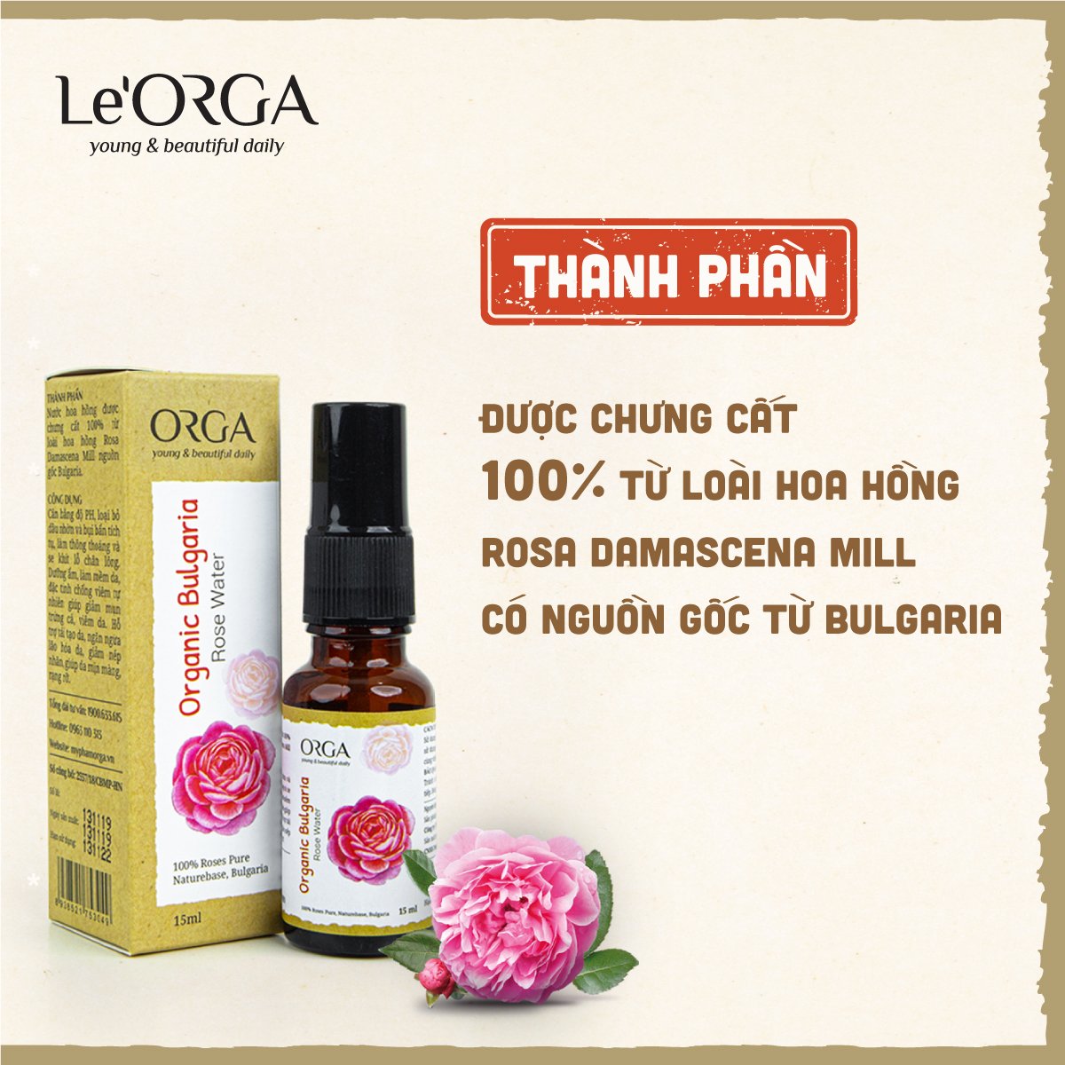 Nước Hoa Hồng Le'Orga - Toner Organic Bulgaria Cân Bằng Da Se Khít Lỗ Chân Lông 15ml