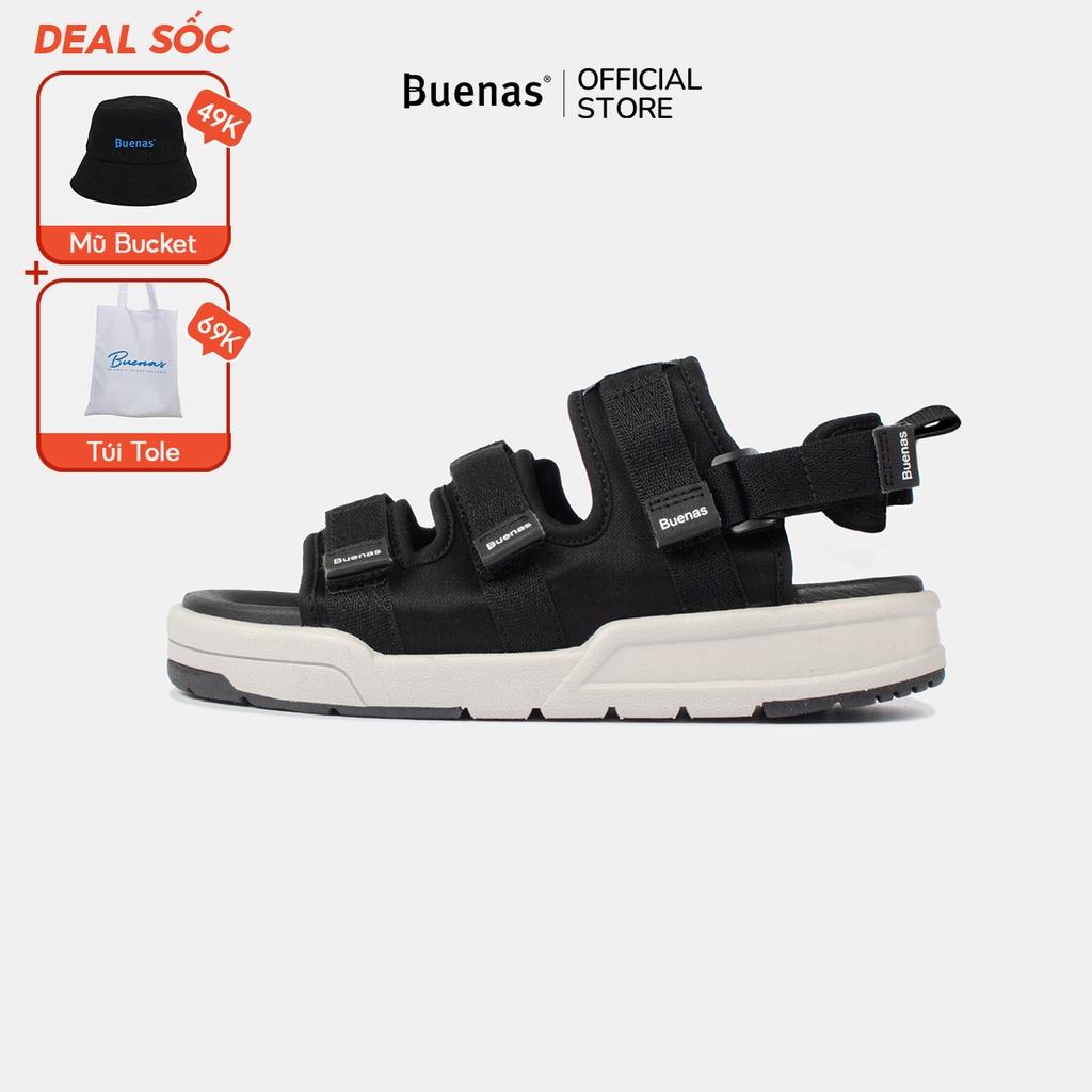 Giày sandal nam nữ unisex đi học quai ngang Buenas Sport 6879 đen ghi đế cao 3 phân