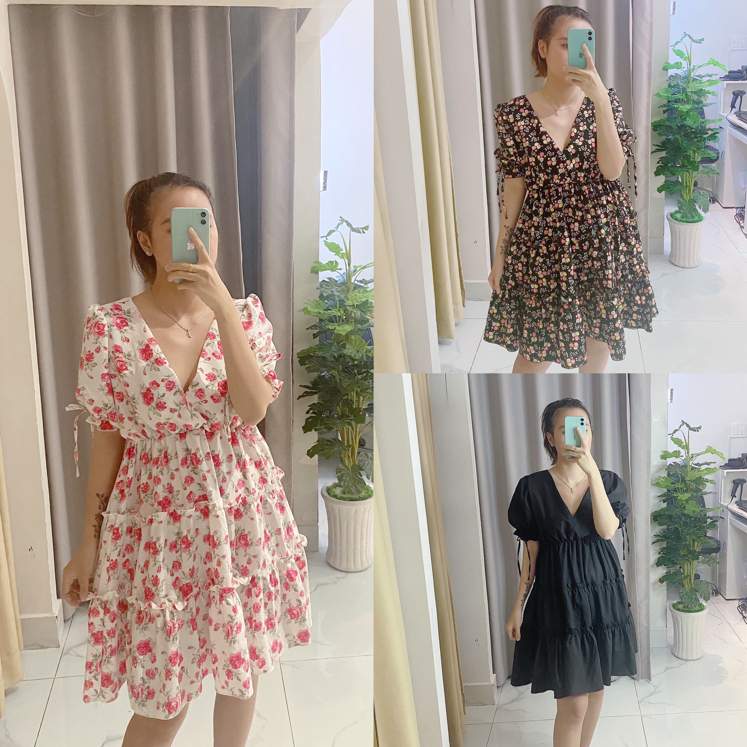 Váy nữ thời trang tiểu thư tiệc cưới,váy hoa cổ tim chất lụa bao mát,không nhăn V011