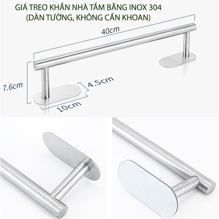 Giá treo khăn nhà tắm đa năng bằng inox 304, loại dán tường, không cần khoan