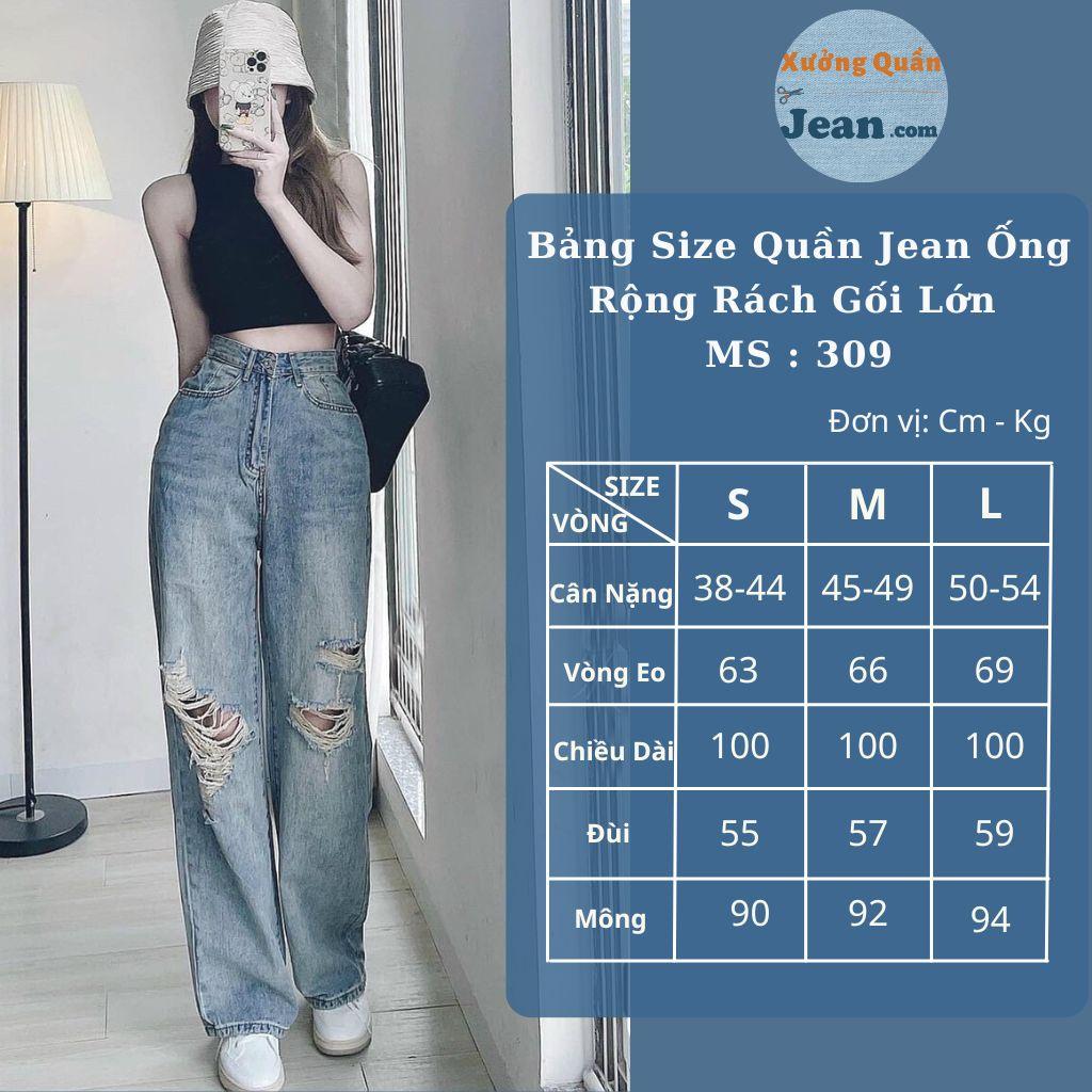 Quần Jean Nữ Ống Rộng Rách Gối Lớn Màu Xanh Nhạt Và Xanh Đậm Dáng Suông Chất Bò Dày Dặn 552 309