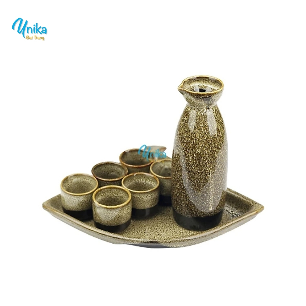 Set sake cao men gấm vàng hỏa biến - Bộ sake gốm Unika Bát Tràng