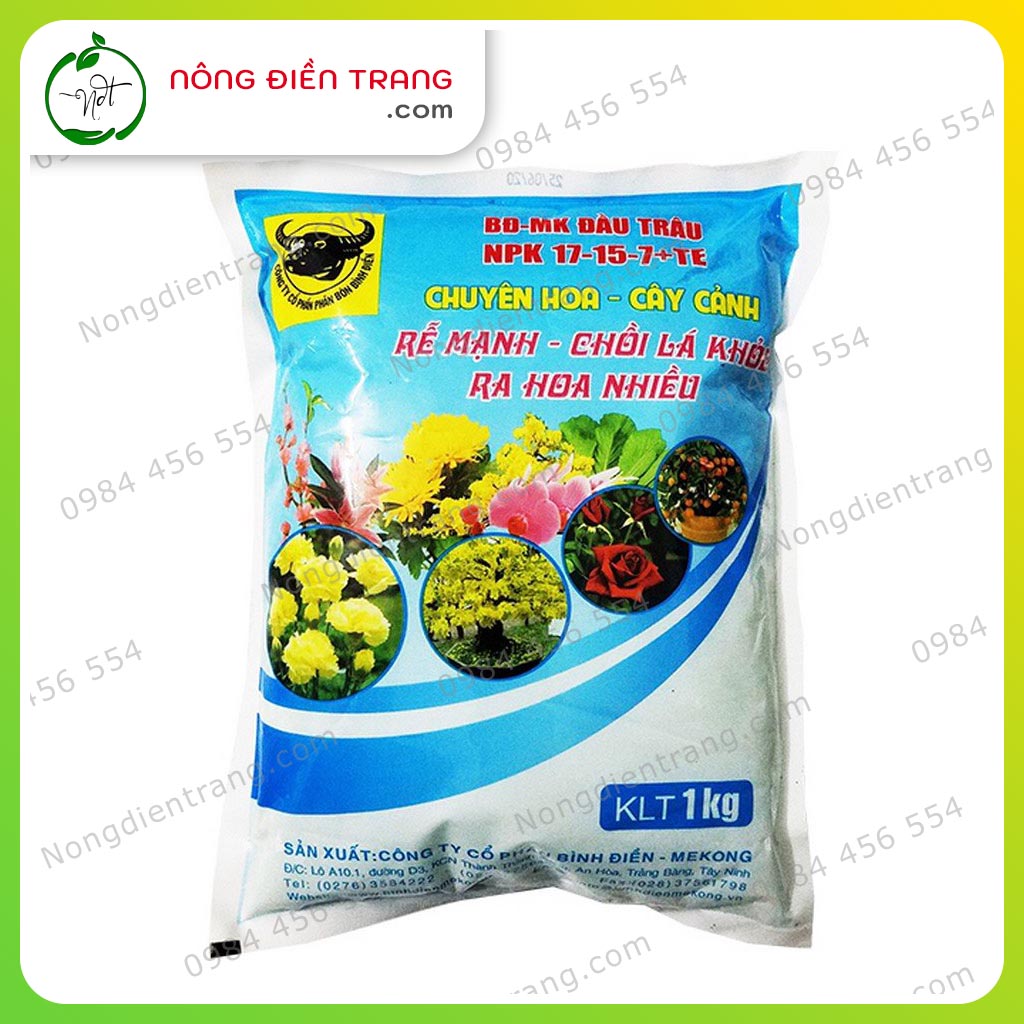 Combo 02 loại Phân bón đầu trâu NPK 17-15-7+TE và 15-7-17+TE - Gói 1KG - Chuyên dùng cho hoa, cây cảnh giúp cây phát triển toàn diện VTNN Nông Điền Trang