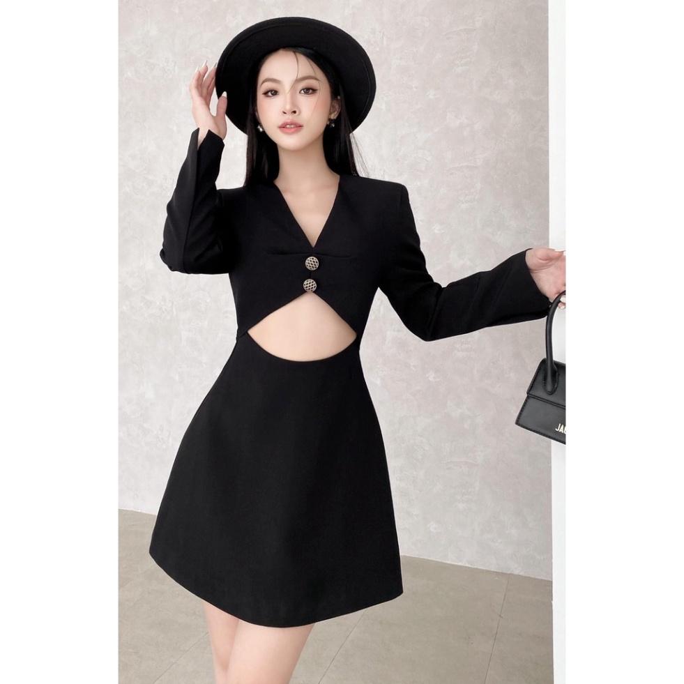 Đầm váy thiết kế sexy hở bụng 100% cotton đen tay dài cổ V xoè chữ A đi biển dự tiệc dạo phố rẻ đẹp bigsize