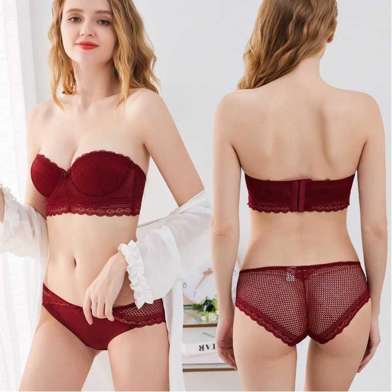 Bộ Đồ Lót Ren Quả Ngang Nâng Ngực Có Gọng Chống Tụt Tháo Được Dây S442
