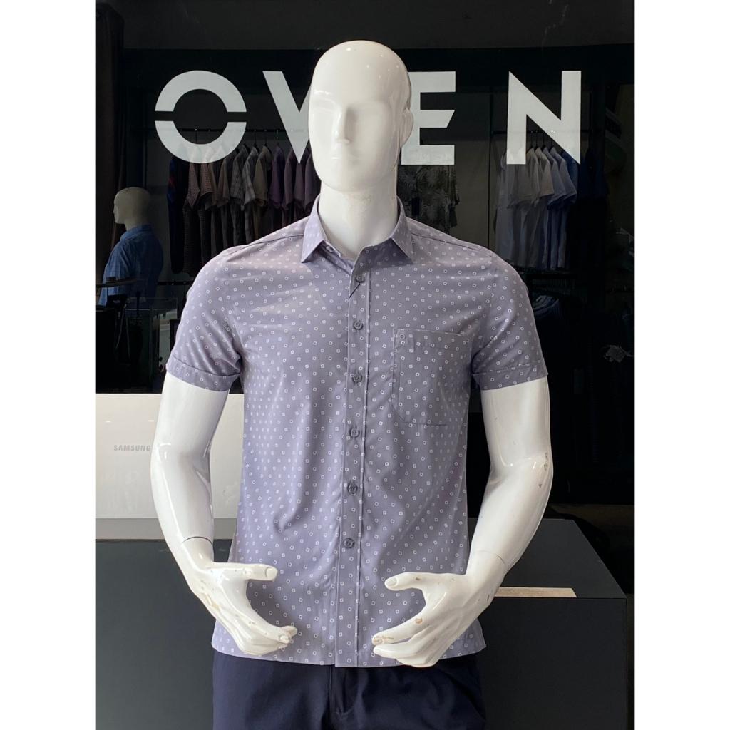 OWEN - Áo Sơ mi ngắn tay Owen vạt ngang chất sợi tre màu ghi in hoạ tiết 230051