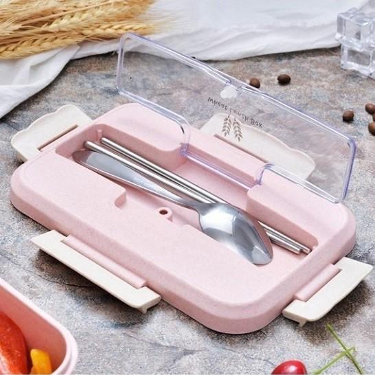 Hộp cơm văn phòng 3 ngăn lúa mạch kèm đũa thìa inox
