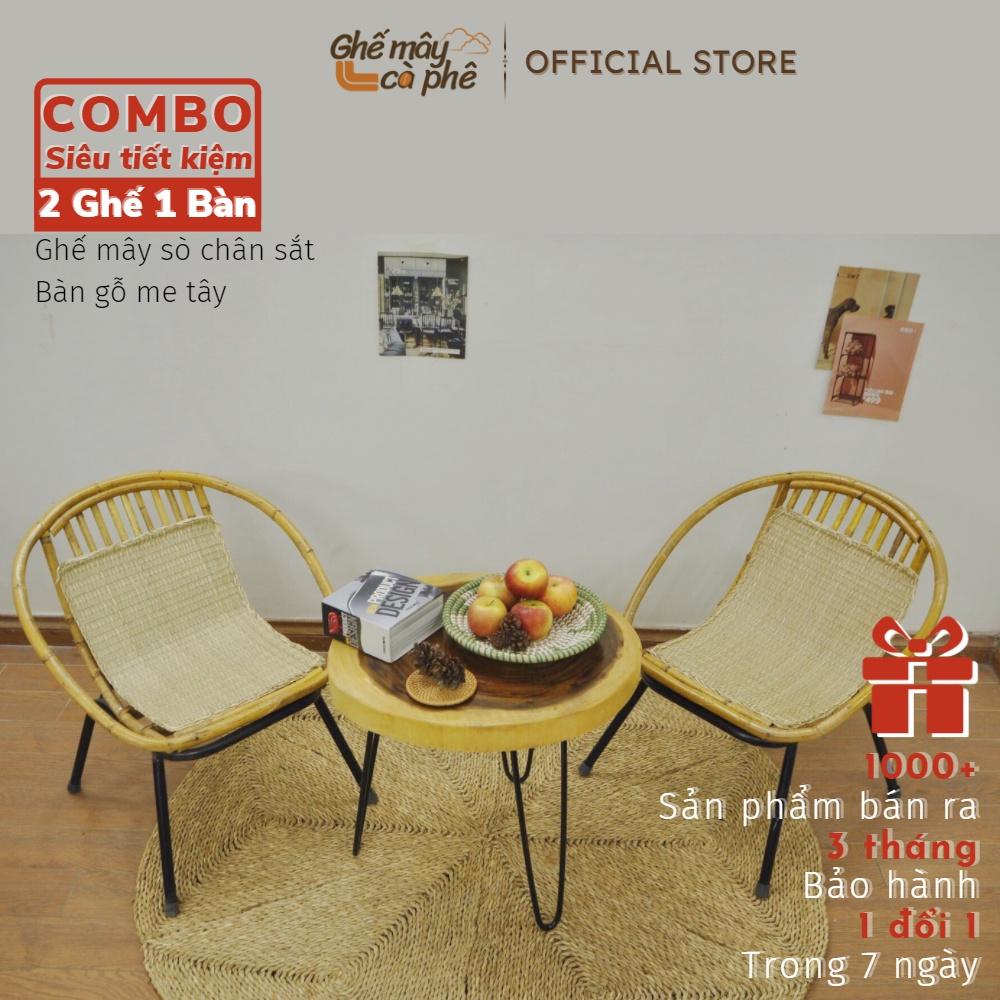 (Combo siêu tiết kiệm) Bộ bàn ghế mây sò tự nhiên và bàn gỗ me tây, phù hợp làm quán Cafe / ban công gia đình / Homestay