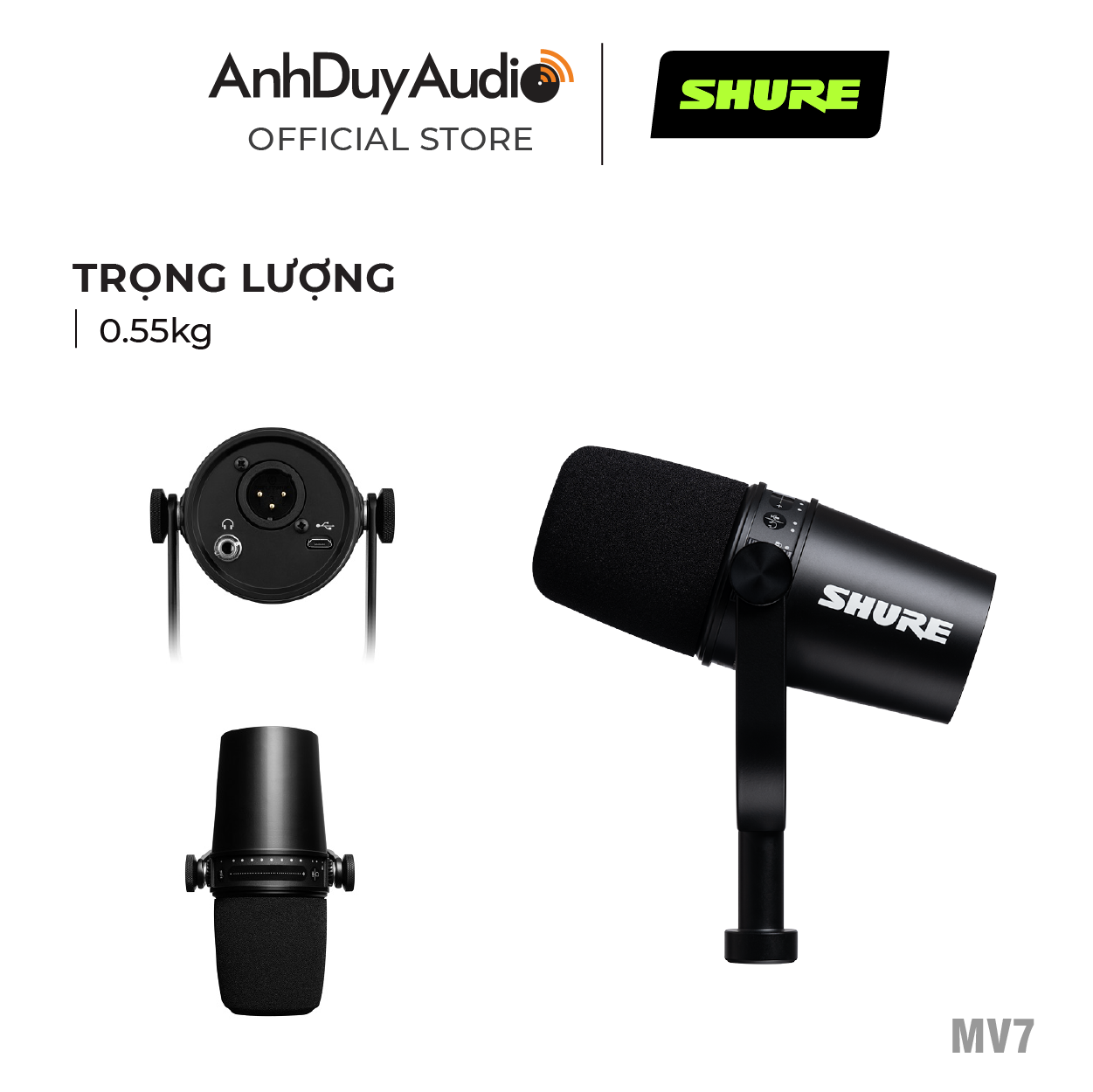 Micro USB Shure MV7 - Micro Podcast Livestream - Hàng Chính Hãng