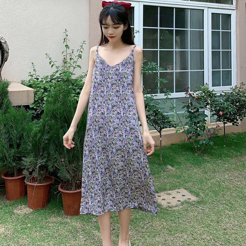 Đầm Hoa Cổ Chữ V Phong Cách Retro Cho Nữ