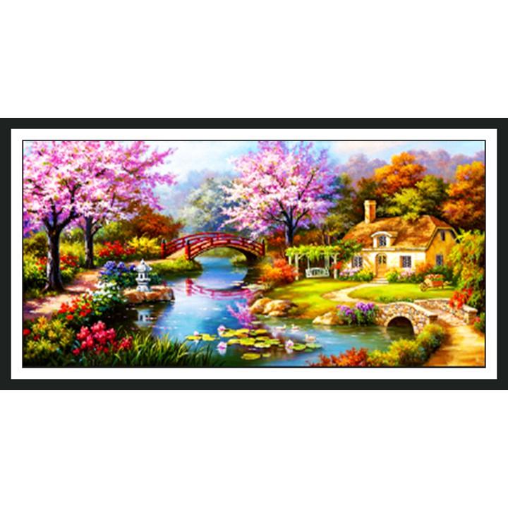 Tranh thêu chữ thập Phong cảnh mùa xuân LV3014 - tự thêu