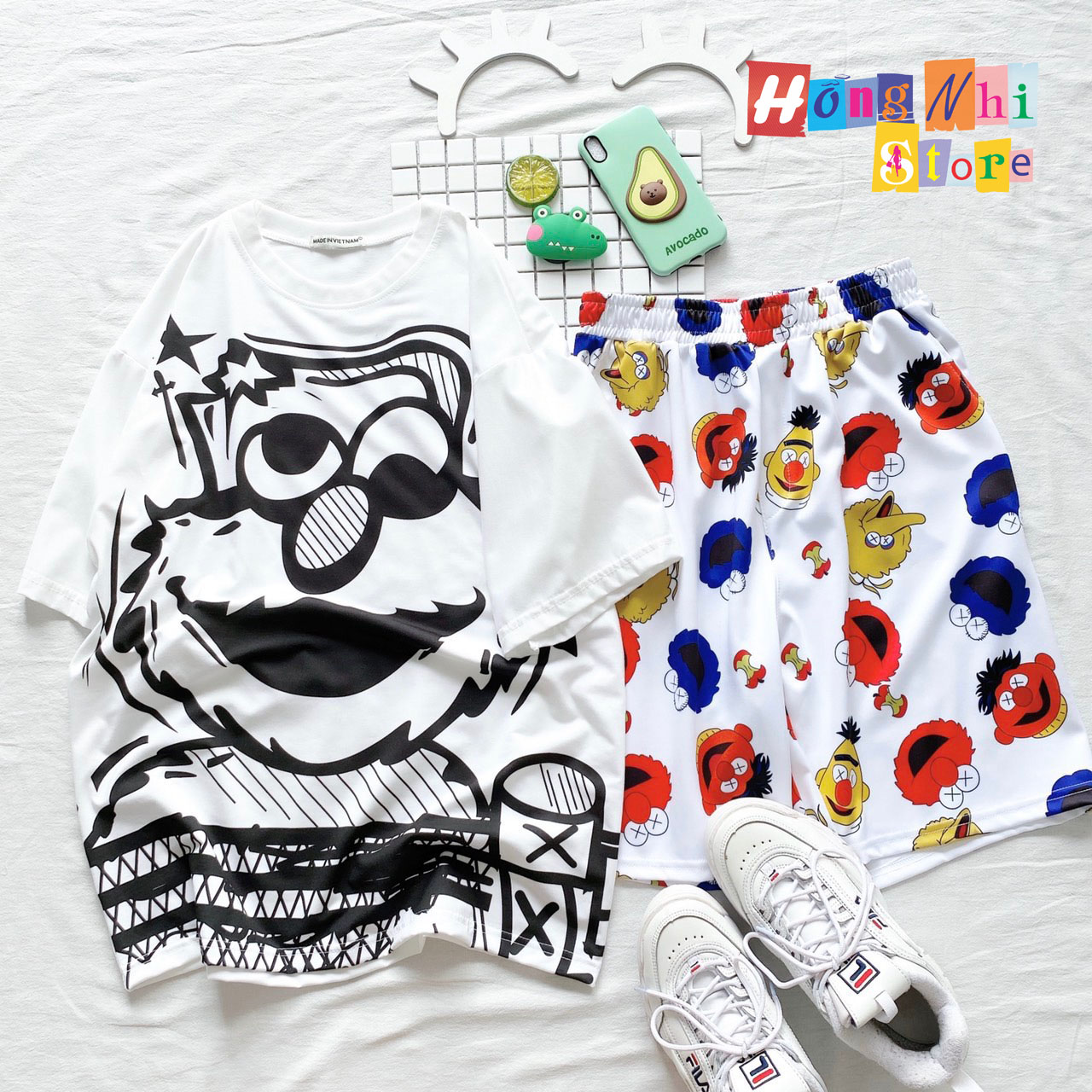 Quần Short Cartoon Unisex Màu Trắng - Quần Đùi Hoạt Hình Siêu Cute - MM