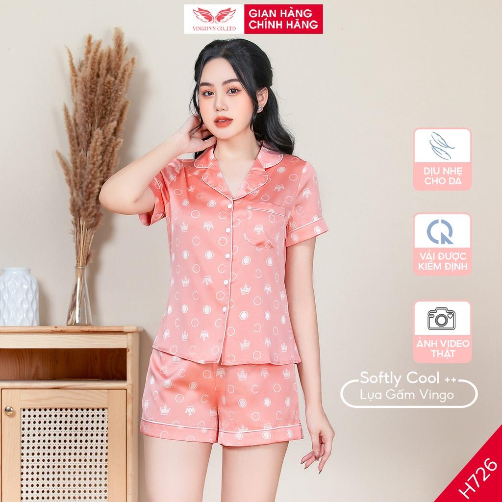 Đồ bộ nữ mặc nhà Pijama VINGO lụa Gấm tay ngắn quần đùi hoạ tiết vương miện dễ thương mặc mùa Hè thoải mái H726 VNGO