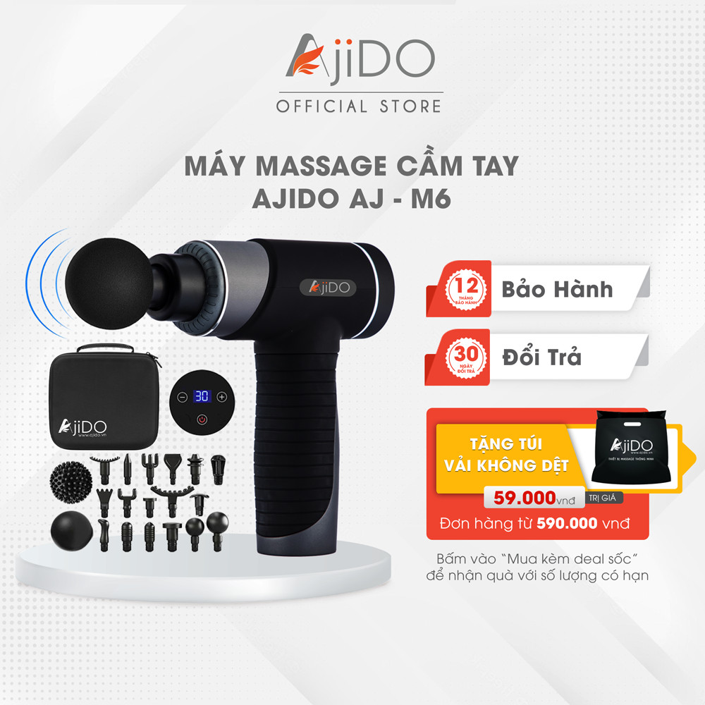 Máy Massage Cầm Tay AJIDO AJ - M6, 17 Đầu Thay Thế, 30 Cấp Độ - Mát Xa Toàn Thân Giãn Cơ, Đấm Lưng, Cổ Vai Gáy