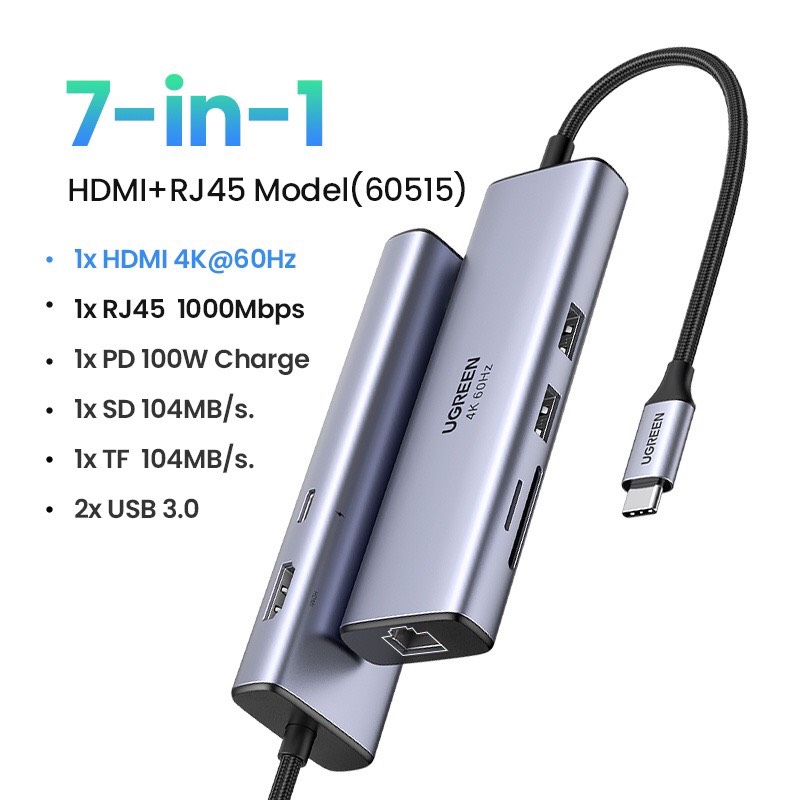 Bộ mở rộng 7 in 1 USB Type-C ra HDMI 4K@60hz/USB/LAN Gigabit/PD100W/SD/TF Ugreen 60515 hàng chính hãng