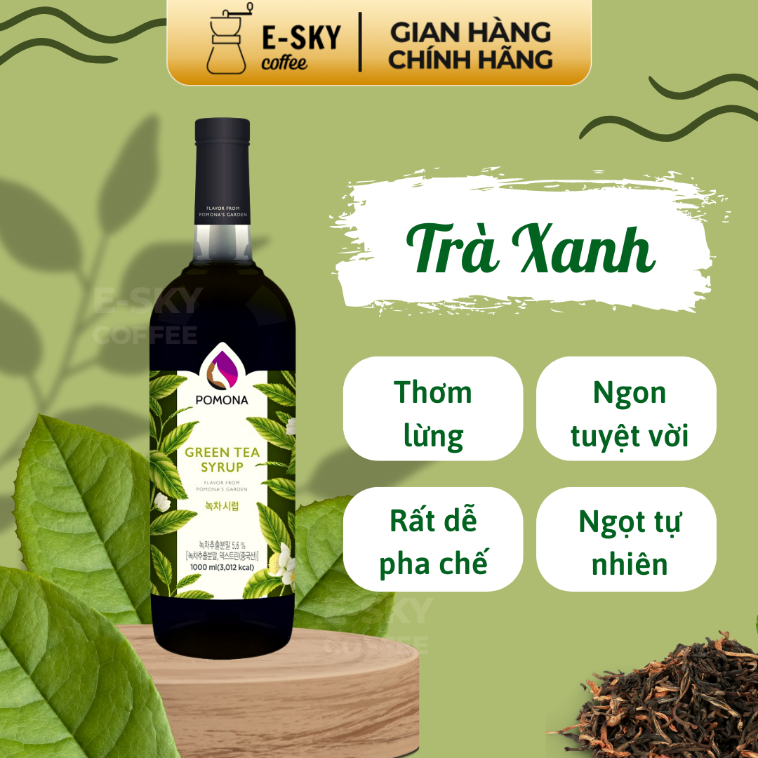 Siro Trà Xanh POMONA Green Tea Syrup Nguyên Liệu Pha Chế Hàn Quốc Chai Thủy Tinh 1 lít