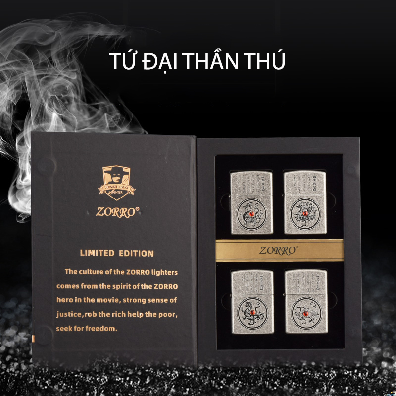 Set 4 Chiếc Vỏ Hột Quẹt Bật Lửa Xăng Đá Zorro Z151 Khắc Họa Tiết Tứ Đại Thần Thú Dũng Mãnh Đính Ngọc Đỏ May Mắn - Nhiều Màu (Không Có Xăng)