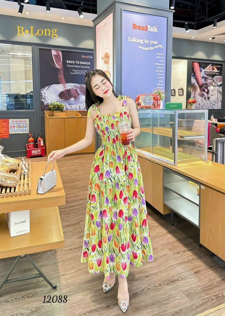 Đầm váy dây voan hoa lụa hàn nữ dạo phố maxi gợi cảm năng động