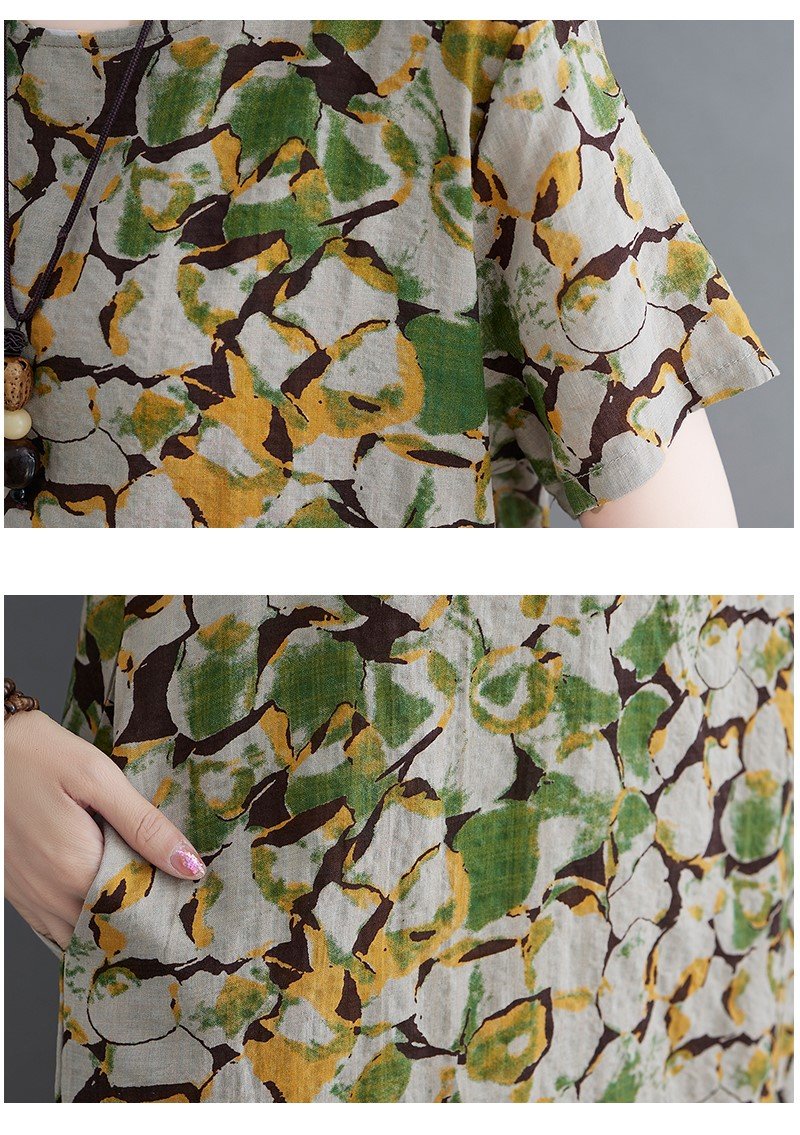Đầm Linen nữ dáng suông hoa nhí thiết kế cơ bản cổ tròn ngắn tay, chất liệu linen mềm mát Đũi Việt