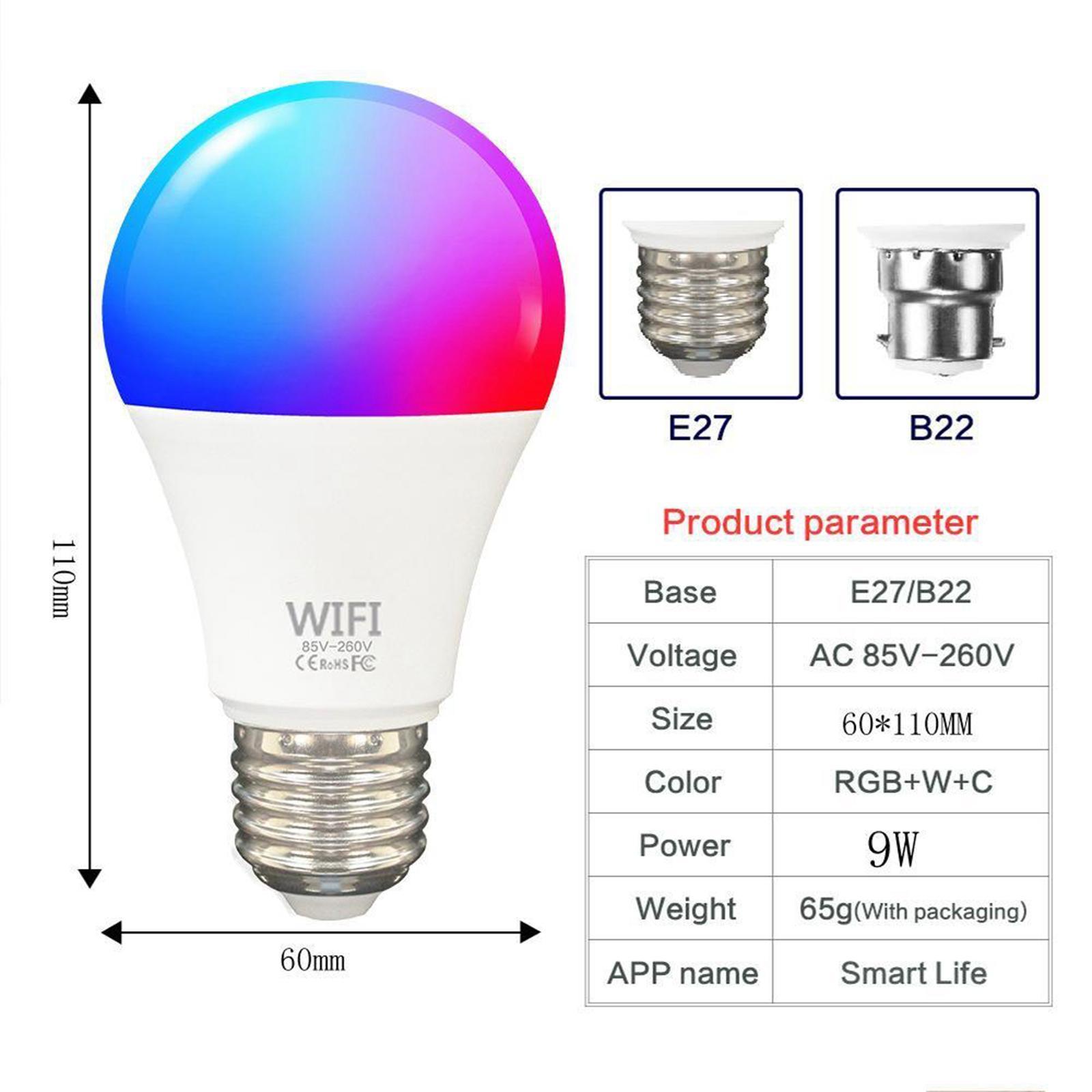 WiFi Smart Light Bulbs Dimmable LED E27 Control/Google Home/Alexa