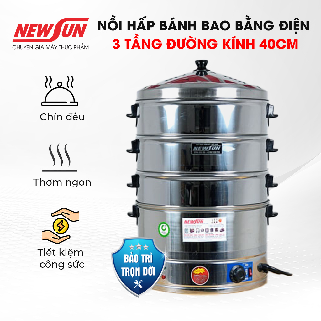 Nồi hấp bánh bao 3 tầng dùng điện 40-47-52cm - Nồi hấp đa năng NEWSUN - Hàng chính hãng