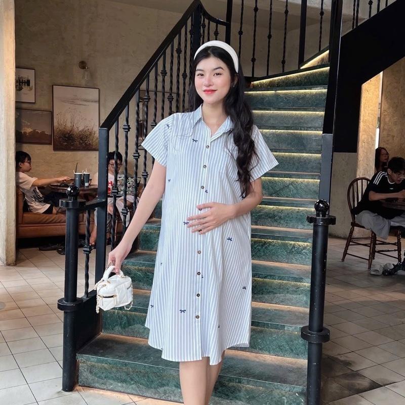 Đầm Bầu Form Dáng Sơ Mi Sọc Xinh Chất Cotton Lụa Mềm Mát, Váy Bầu Cá Tính Size M L - Hồng