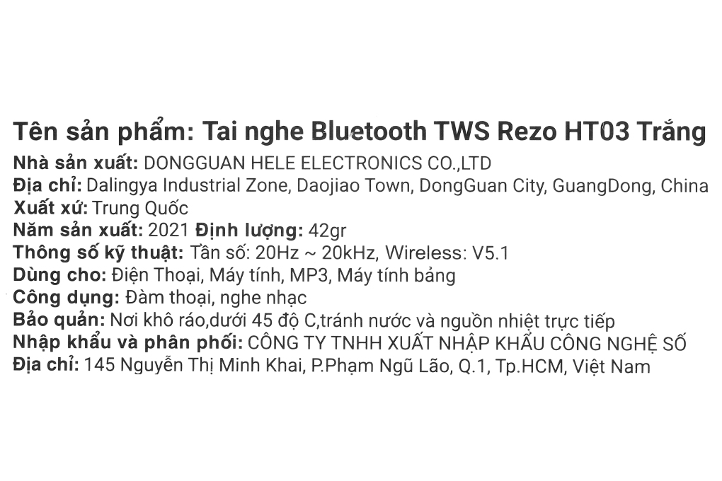 Tai nghe Bluetooth TWS Rezo HT03 - Hàng chính hãng