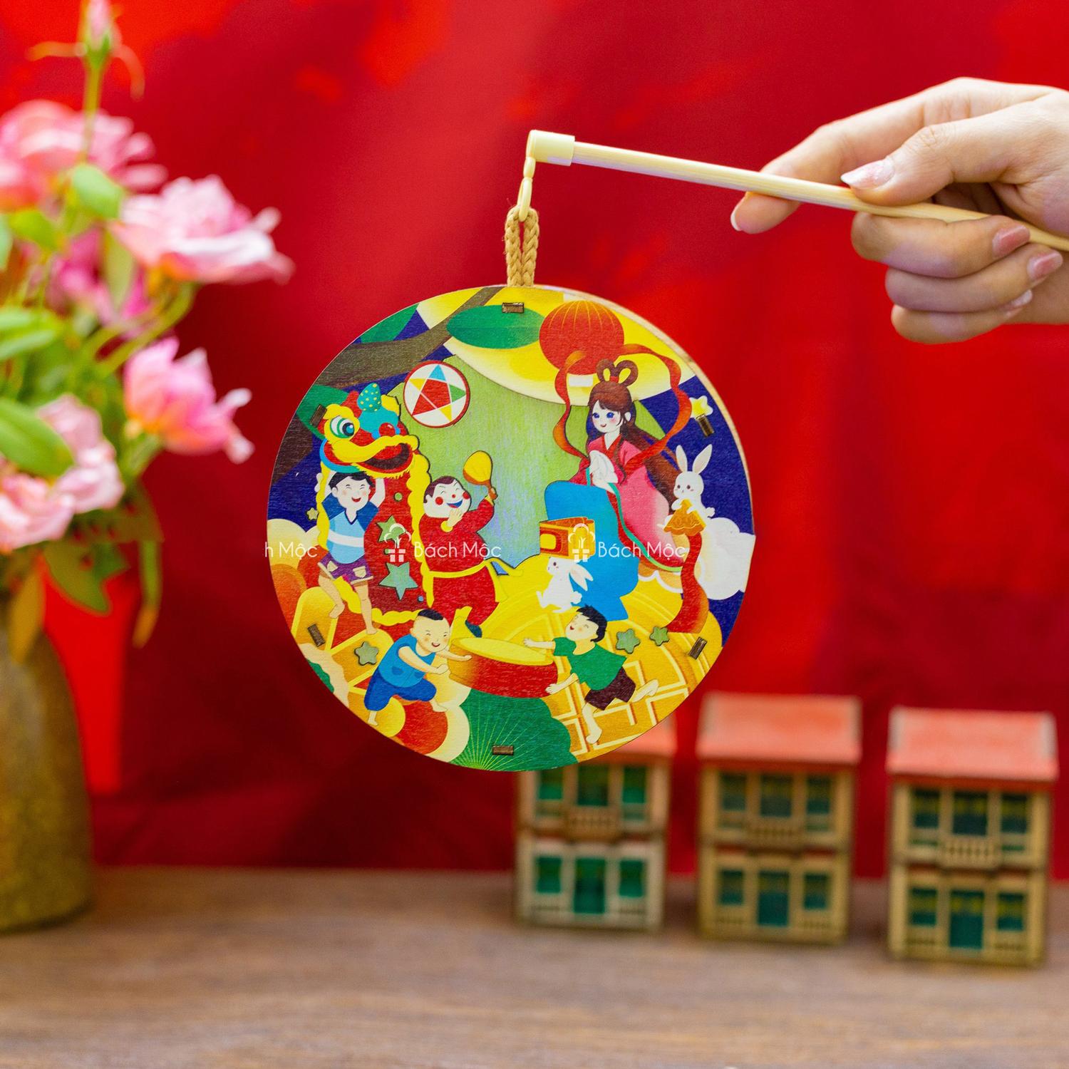 Lồng Đèn Trung Thu Gỗ 2 Mặt Màu - Bách Mộc - Phá Cỗ