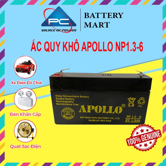 Ắc Quy Apollo NP1.3-6  6V-1.3AH, dùng cho xe điện trẻ em ,đèn khẩn cấp, quạt sạc