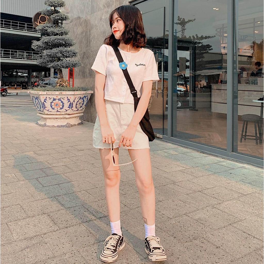 Áo Croptop Nữ Thêu MYSTERY Tay Ngắn Dáng Om Ulzzang (Ảnh Thật