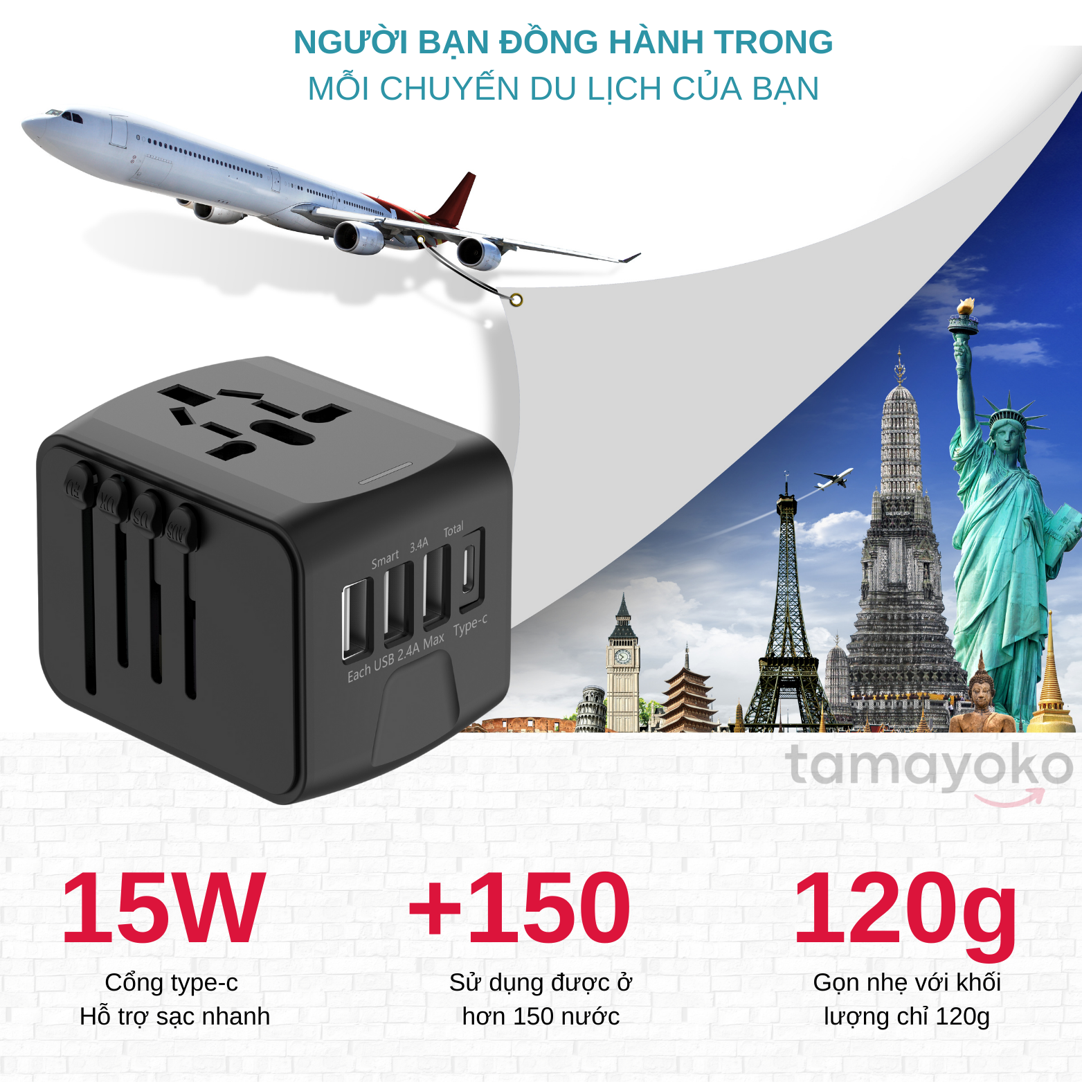 Ổ Cắm Điện Du Lịch Quốc Tế Đa Năng Tích Hợp 3 Cổng USB-A 1 Cổng USB C. Chất Liệu Nhựa PC Chống Cháy Phù Hợp Với Hơn 150 Nước. Hàng Chính Hãng Tamayoko