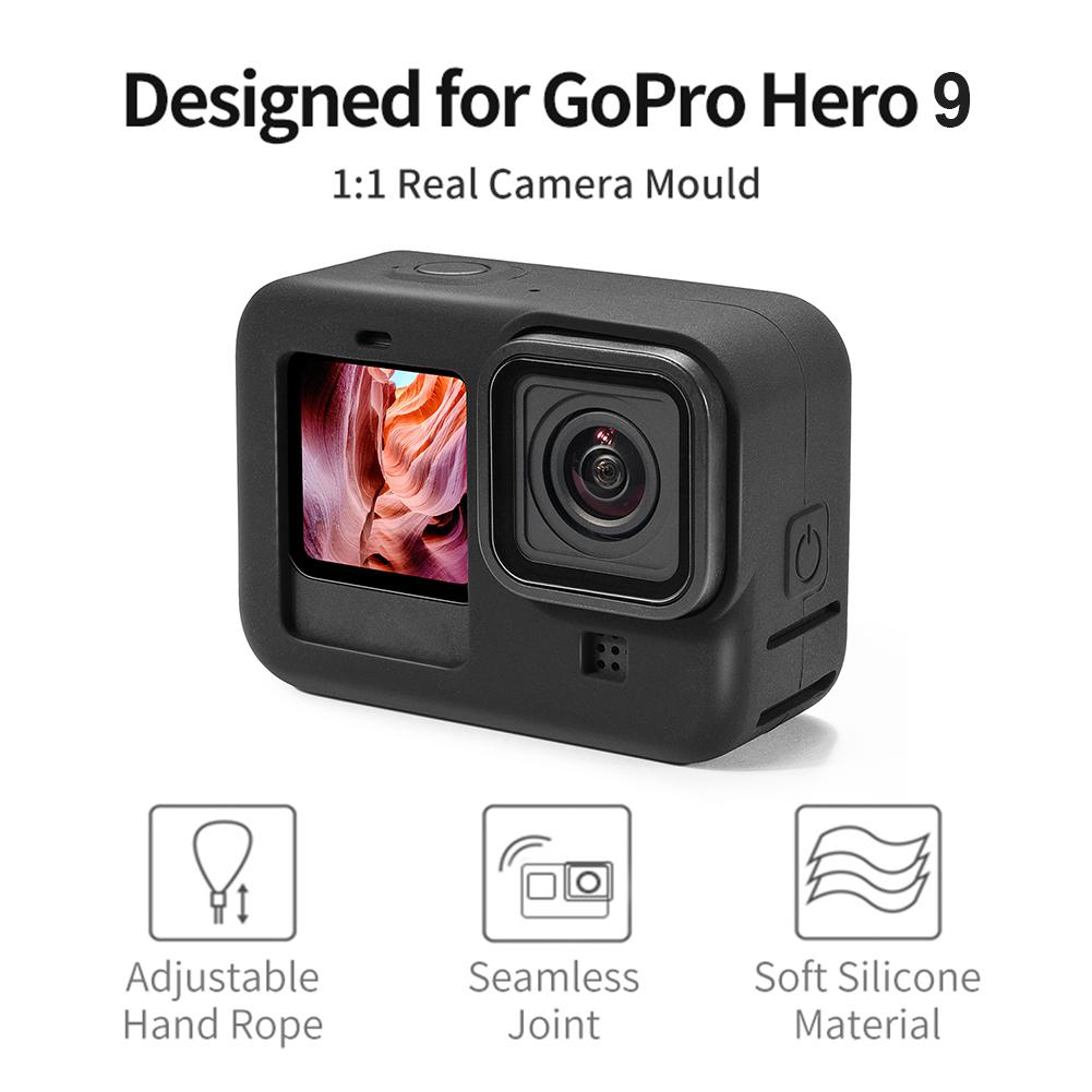 Bảo vệ bảo vệ silicone Bảo vệ vỏ toàn bộ vỏ cho GoPro Hero 9 Tay áo thể thao Khung nhà ở với dây buộc nắp ống kính
