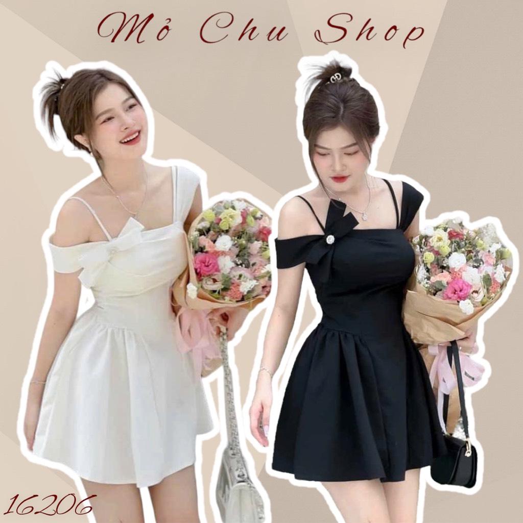 Đầm xòe lệch vai đính nơ