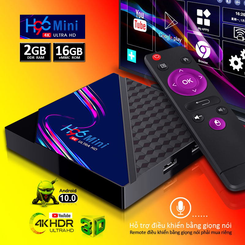 Tivi box bộ nhớ 16G Ram 2G hỗ trợ tiếng việt hệ điều hành android 10.0 xem phim cực nét 4K đa ứng dụng H96MINIV8