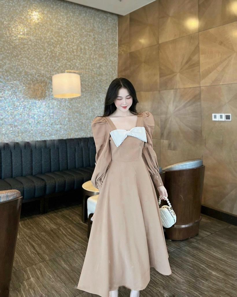 ĐẦM MIDI TAY DÀI PHỐI NƠ NGỰC