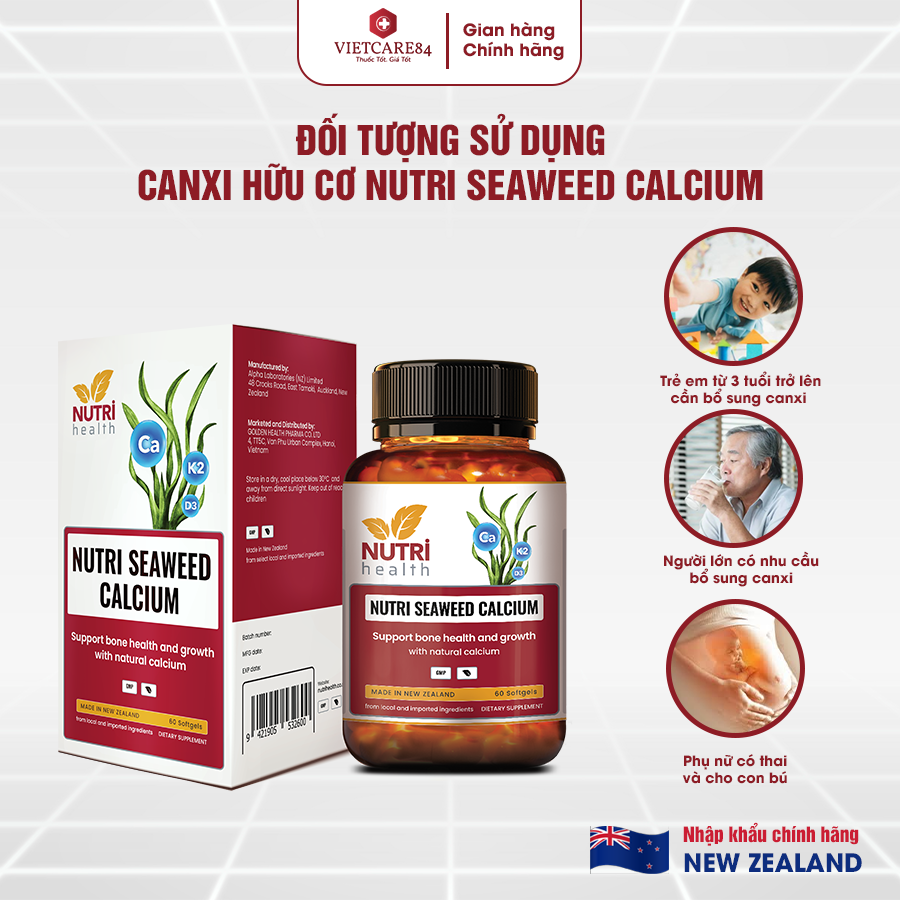 Combo 2 Hộp Canxi Hữu Cơ New Zealand Nutri Seaweed Calcium 60 Viên - Bổ Sung Canxi, Tăng Chiều Cao, Chống Loãng Xương