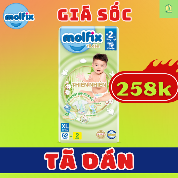 (MẪU MỚI CẢI TIẾN) Tã/bỉm dán Molfix size XL62+2 miếng cho bé 12-17kg